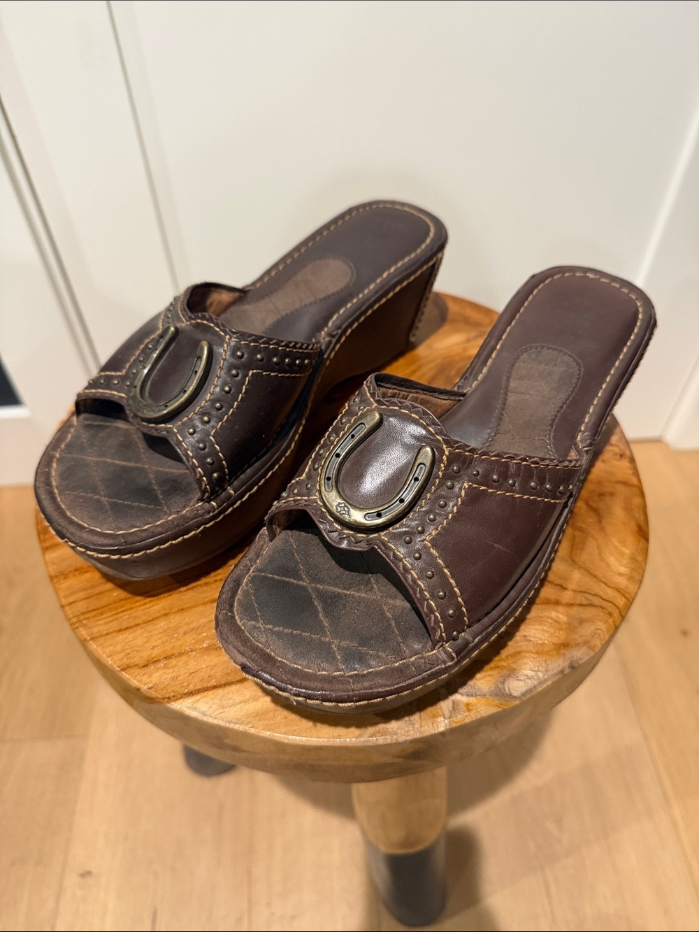 Ariat Brown Leather Wedge Platform Sandals with Brass Horseshoe Accent